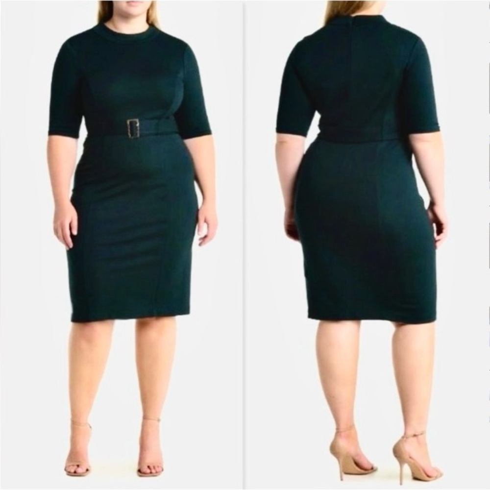 Elegant Green Mock Neck Belted Dress